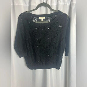 Monteau Black Sheer Lace Top 3/4 Sleeves Floral Design Whimsigoth Fairy Size M